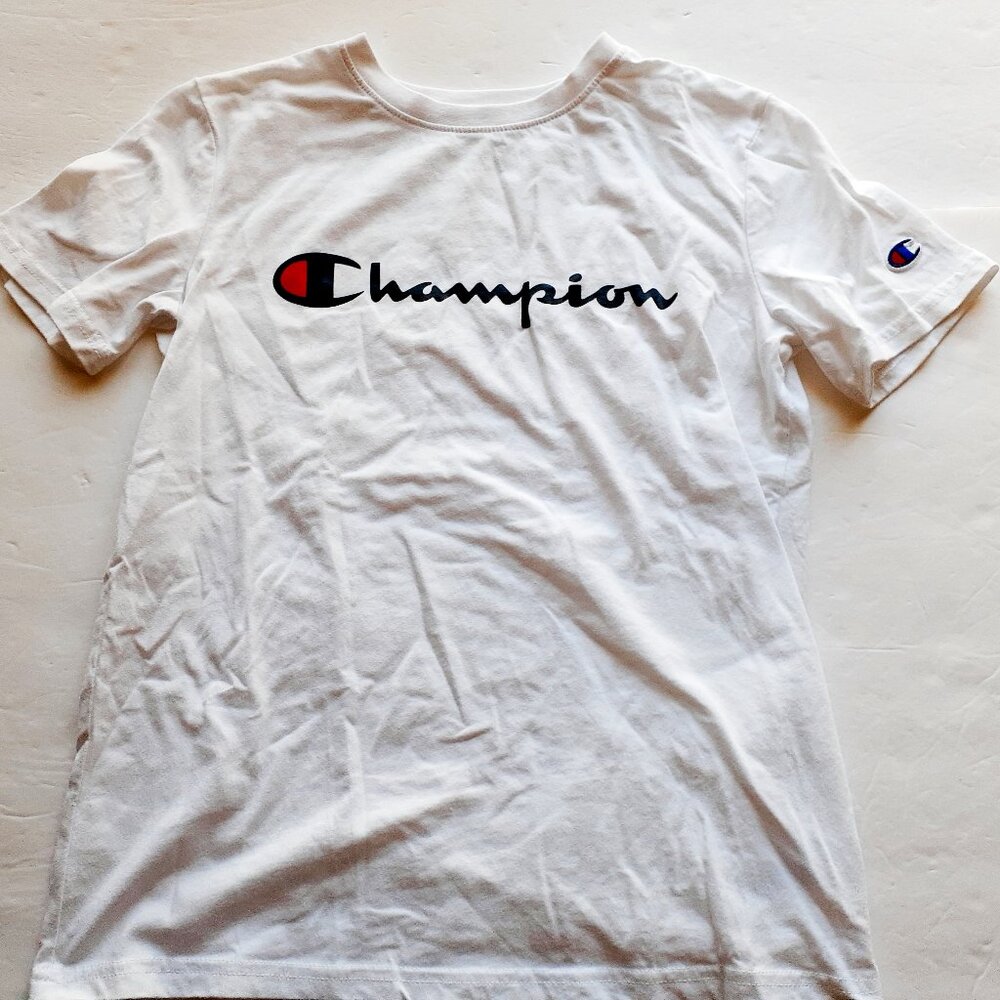 Champion Boys T-Shirt White Navy Short Sleeve Logo Spellout Large